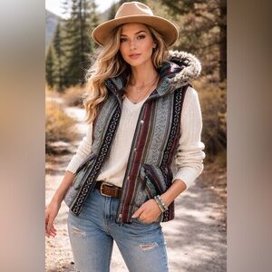 Hot & Delicious Women Southwestern Aztec Hooded Vest Faux Fur Boho Festival Sz M